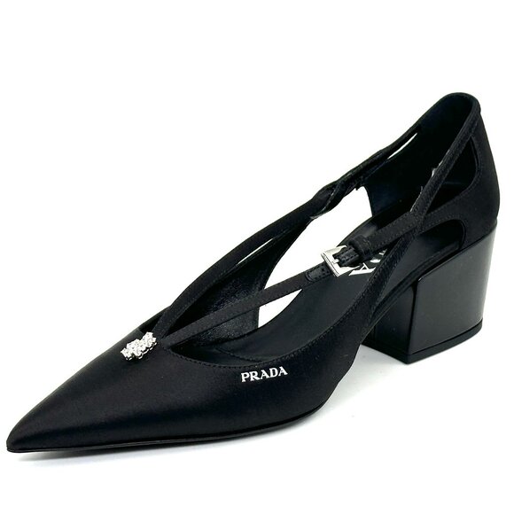 PRADA Pointed Toe Cutout Cut Out Block Heel Crystal Satin Leather Pumps - Picture 7 of 16